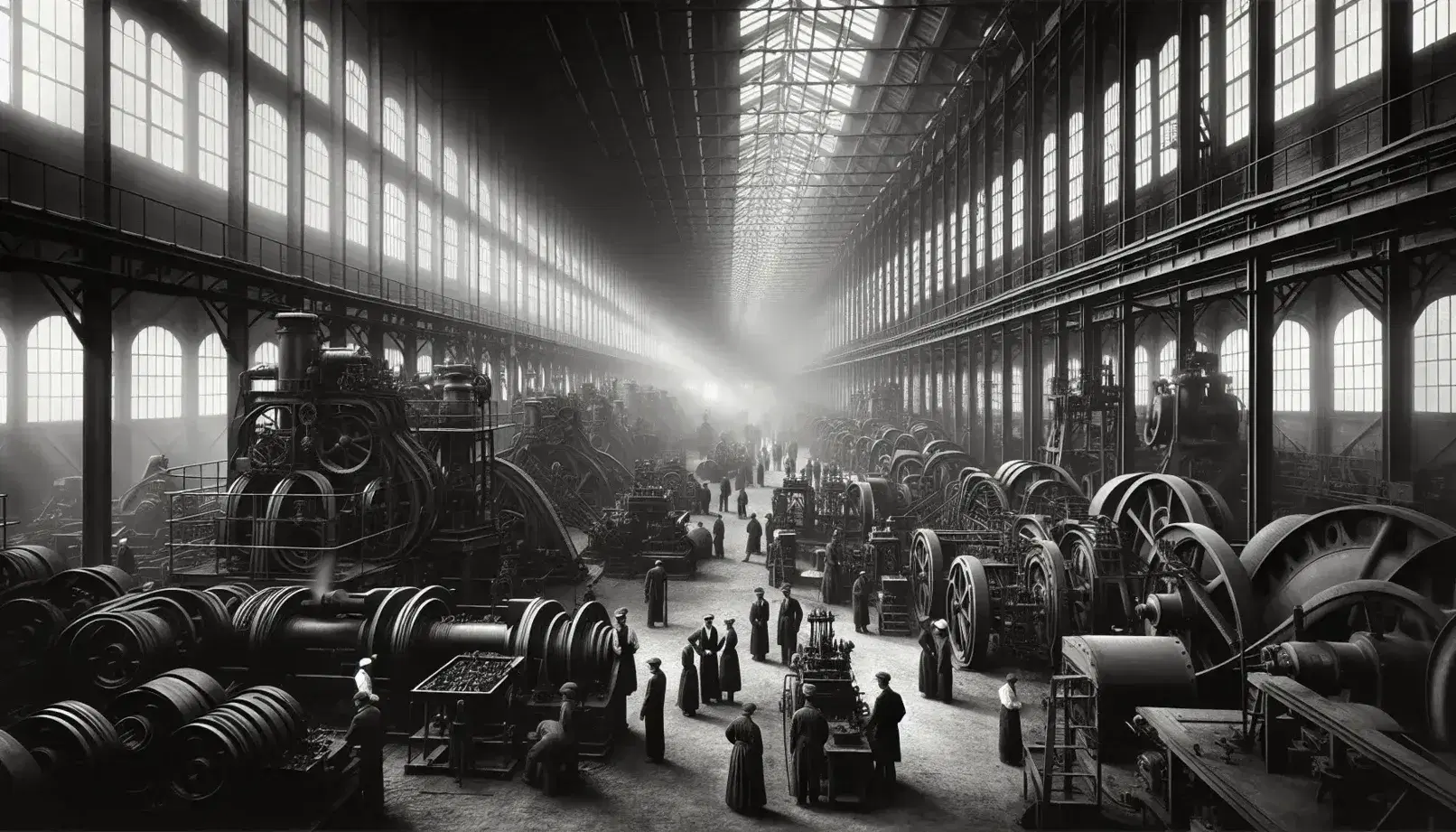 Interno di una fabbrica dell'epoca industriale con operai al lavoro tra macchinari a vapore, colonne metalliche e luci soffuse.