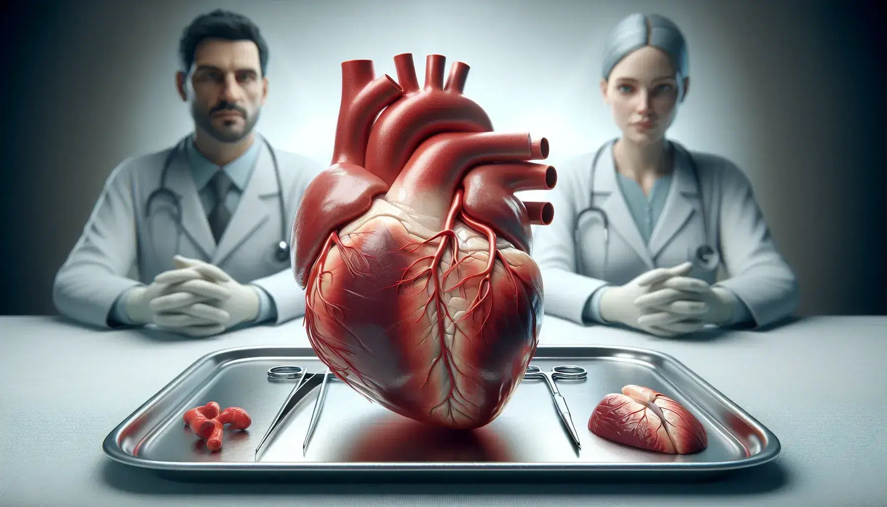 Cuore umano dettagliato con arterie in evidenza, affiancato da medici in camice che osservano o intervengono, su sfondo neutro con strumenti chirurgici sfocati.