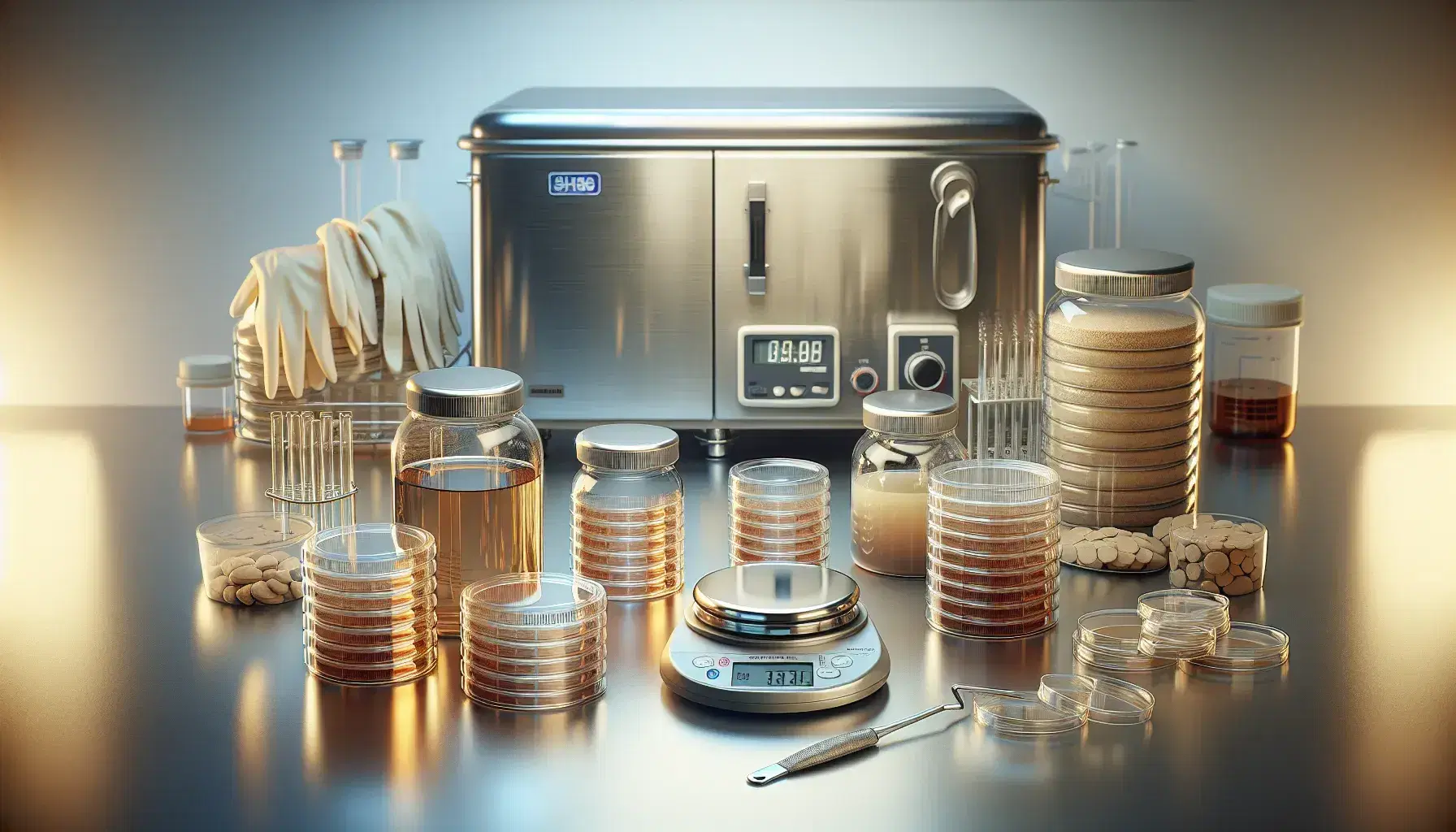 Laboratorio con frascos de vidrio y medios de cultivo en placas Petri, balanza analítica y autoclave de acero inoxidable, guantes y gafas de seguridad en un ambiente limpio y profesional.