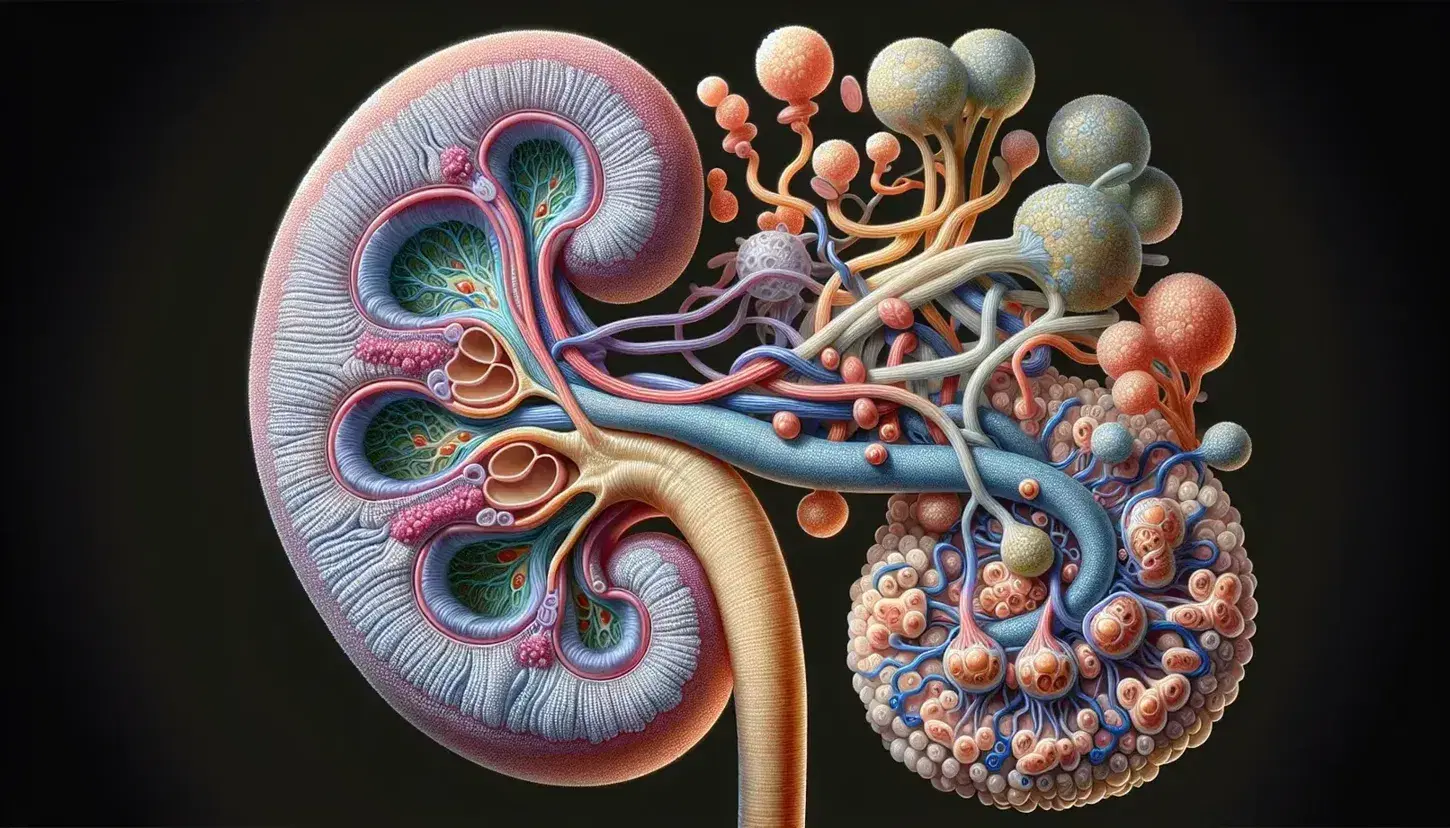 Ilustración detallada de un nefrón humano con sus partes diferenciadas por colores, mostrando el glomérulo, cápsula de Bowman y túbulos renales.