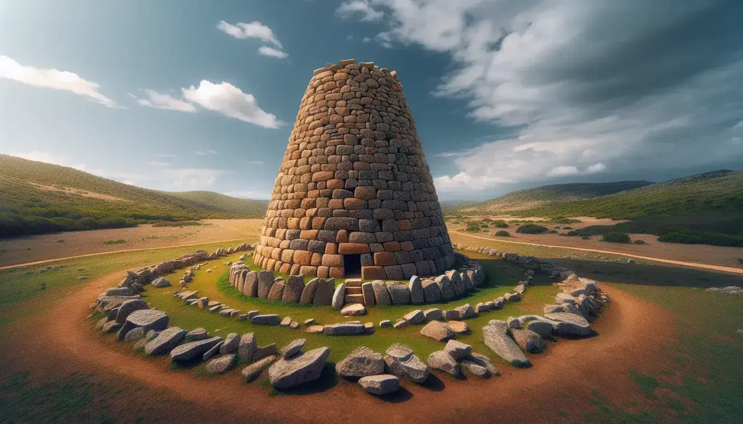 Torre nuragica in pietra nella campagna sarda, con colline verdi e cielo azzurro in lontananza, senza persone o animali visibili.