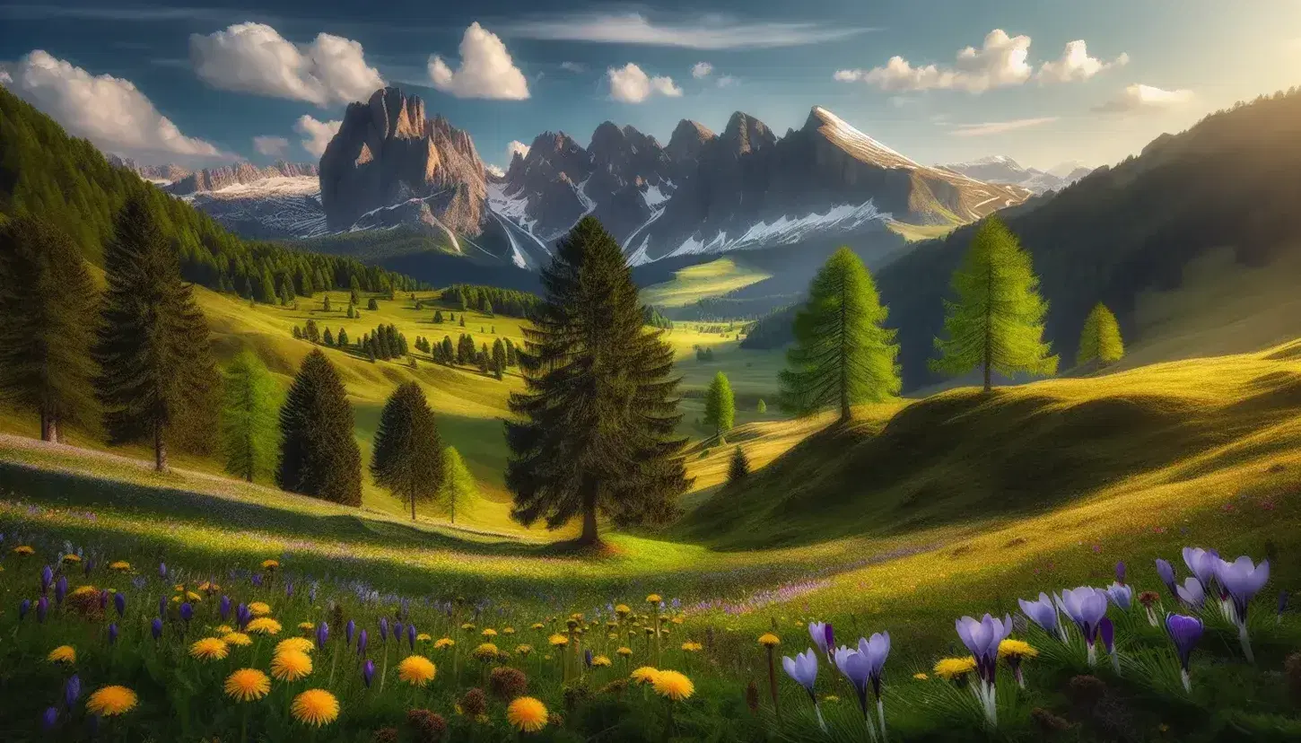 Paesaggio montano del Trentino-Alto Adige con prati verdi, fiori selvatici, alberi e cime innevate sotto un cielo azzurro.