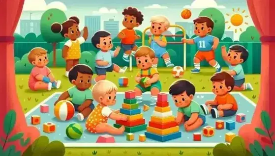 Niños de diversas edades y razas jugando en un parque soleado con juguetes, bloques de colores y una pelota verde.