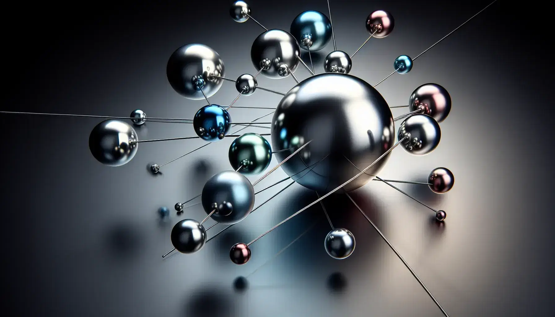 Esferas metálicas reflectantes de colores suspendidas alrededor de una esfera central plateada, conectadas por varillas grises en un fondo negro.