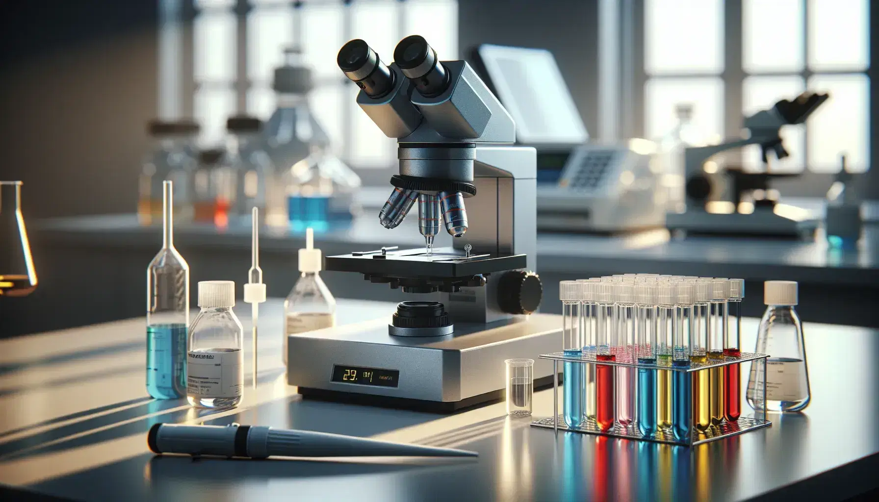 Microscopio electrónico en laboratorio de biología con tubos de ensayo de colores y pipeta automática, balanza analítica al fondo, ambiente limpio y ordenado.