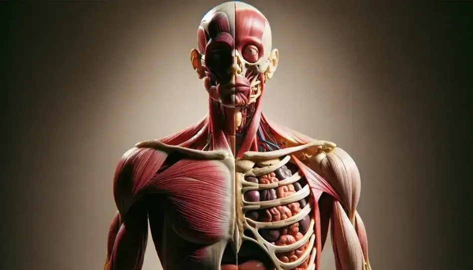 Modello anatomico 3D del corpo umano con dettagli di pelle, muscoli in toni di rosso, organi interni colorati e scheletro bianco avorio, senza etichette.