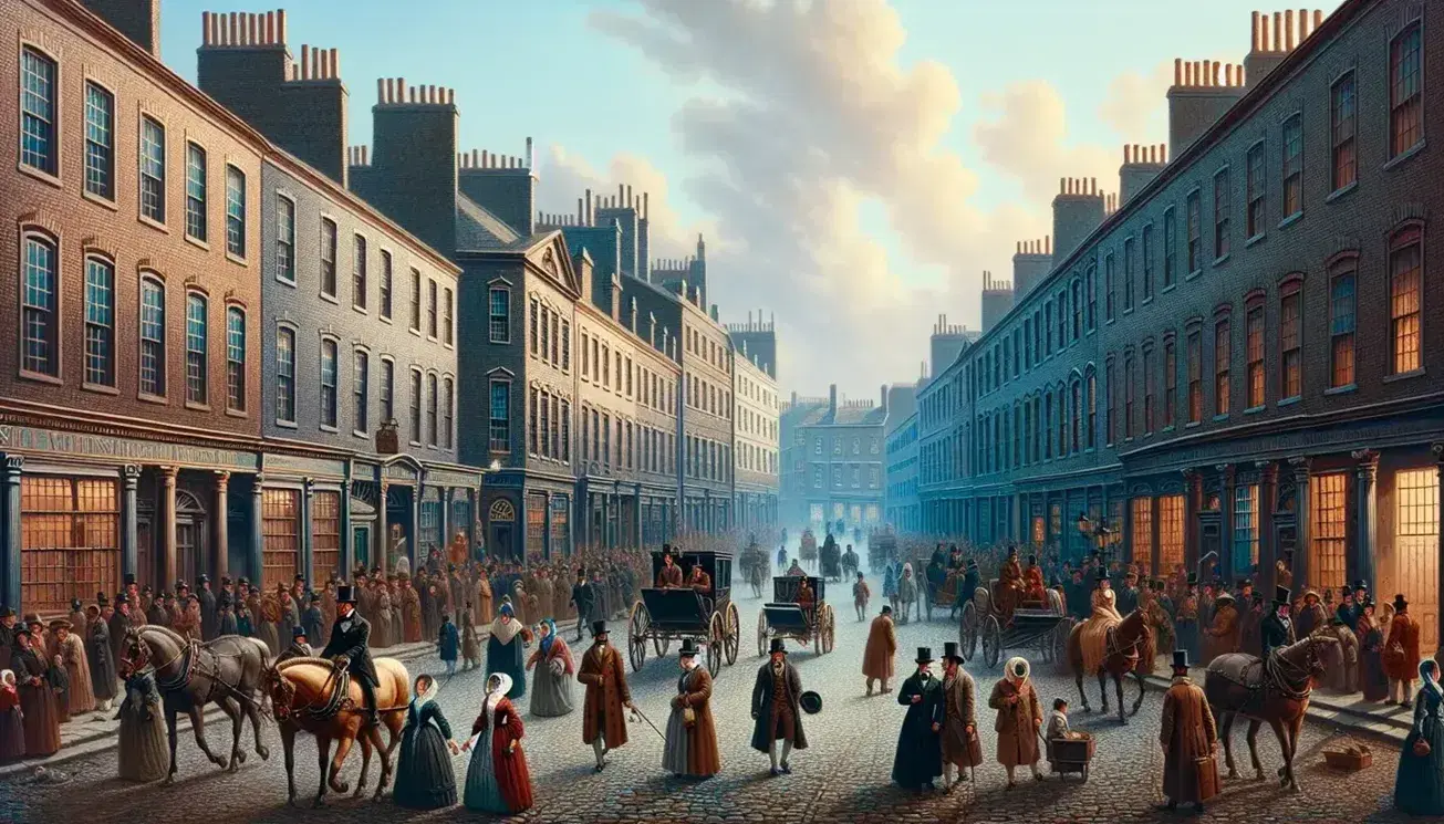 Historical urban street scene with people in 18th-century attire, cobblestone roads, horse-drawn carriages, and period architecture under a pastel blue sky.