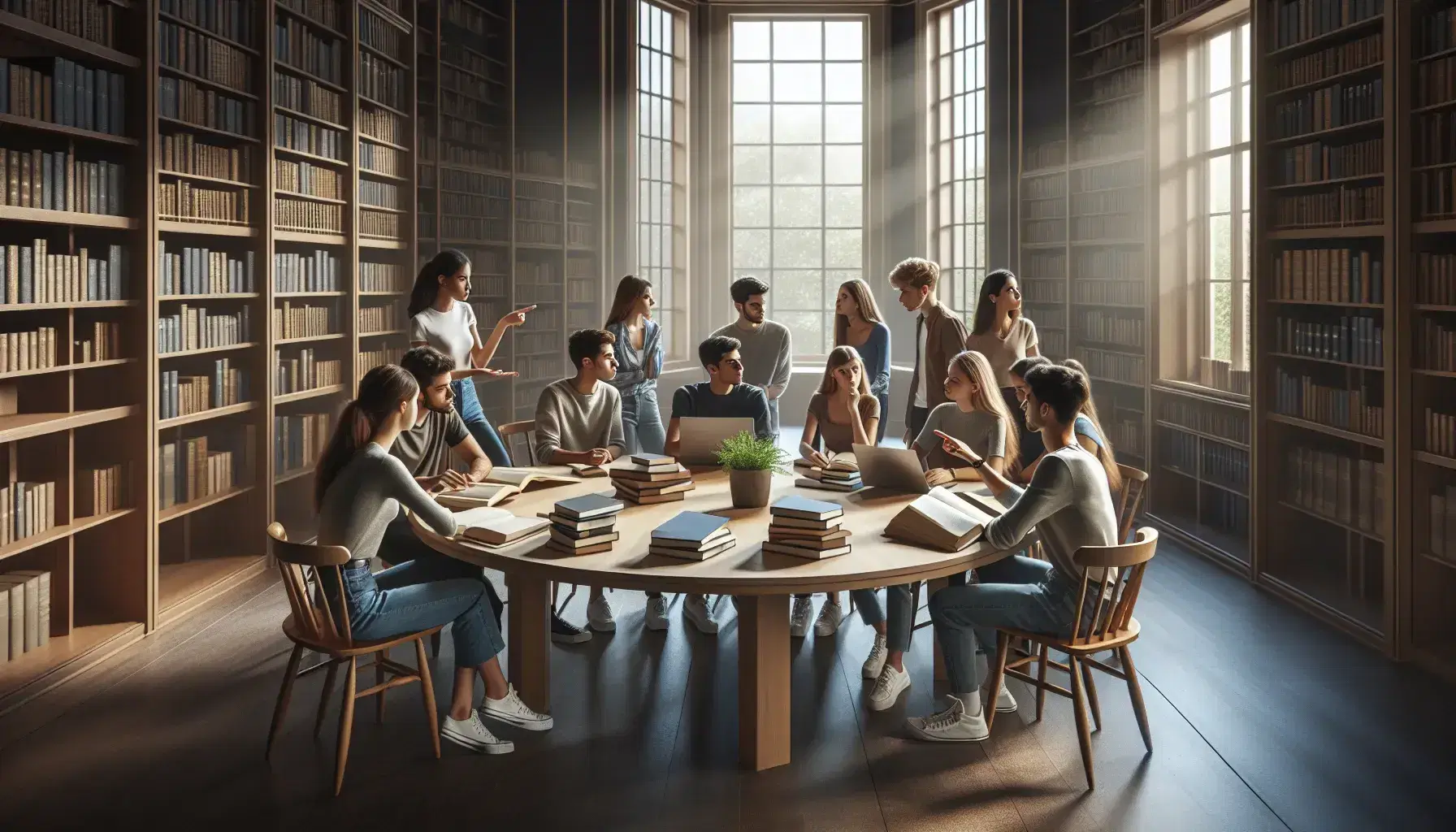 Grupo de jóvenes adultos diversos en animada discusión académica en biblioteca, rodeados de libros, tablets y laptops sobre mesa redonda bajo luz natural.