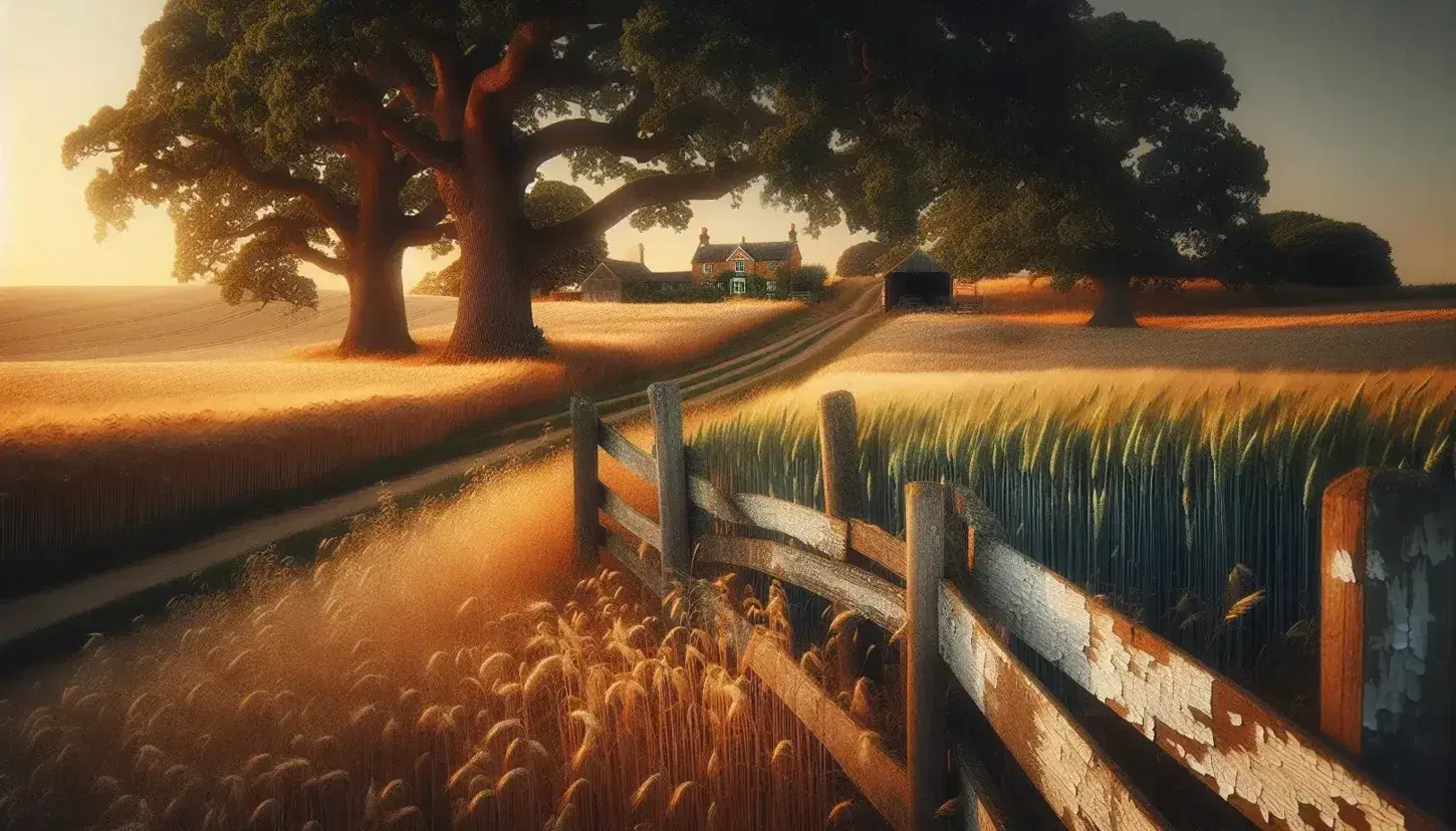 Serene golden hour landscape with a weathered fence, swaying wheat field, winding dirt road, lush oak trees, farmhouse, and barn under a pastel sky.