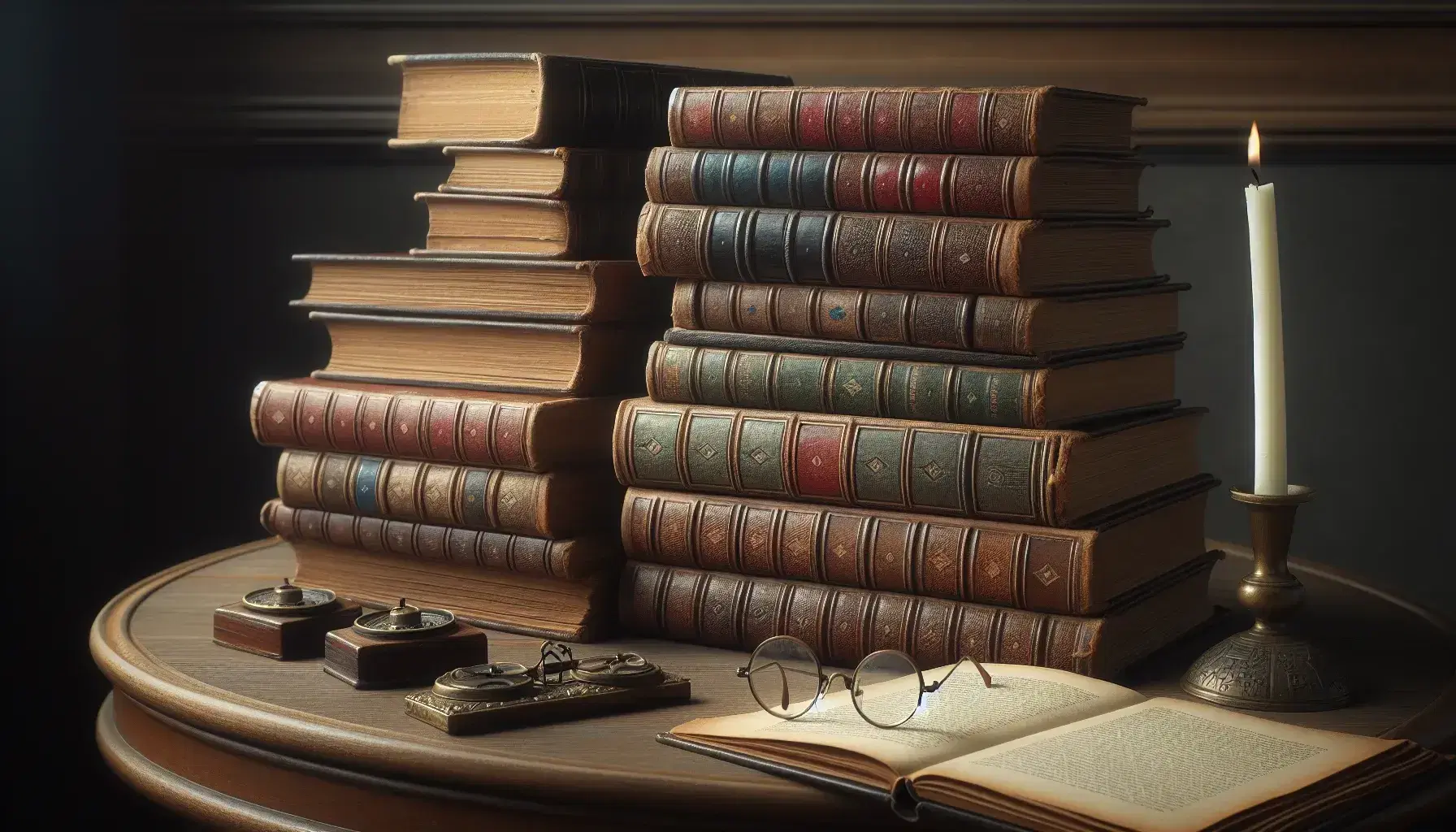 Stack of antique books with worn leather covers on a wooden table with glasses and brass candle, warm and thoughtful atmosphere.