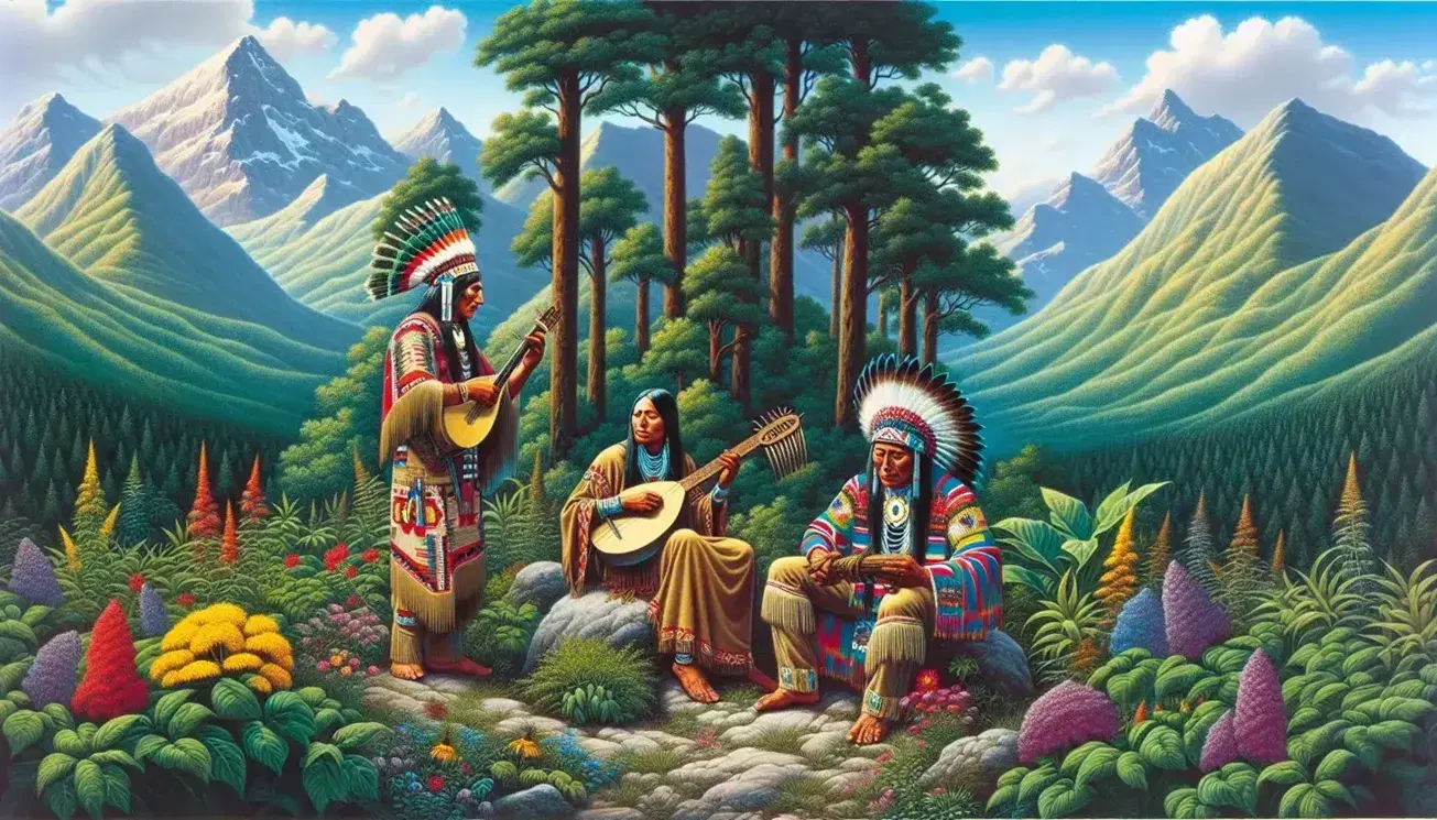 Tres indígenas americanos con vestimentas coloridas tocan instrumentos tradicionales en un paisaje montañoso bajo un cielo azul claro.