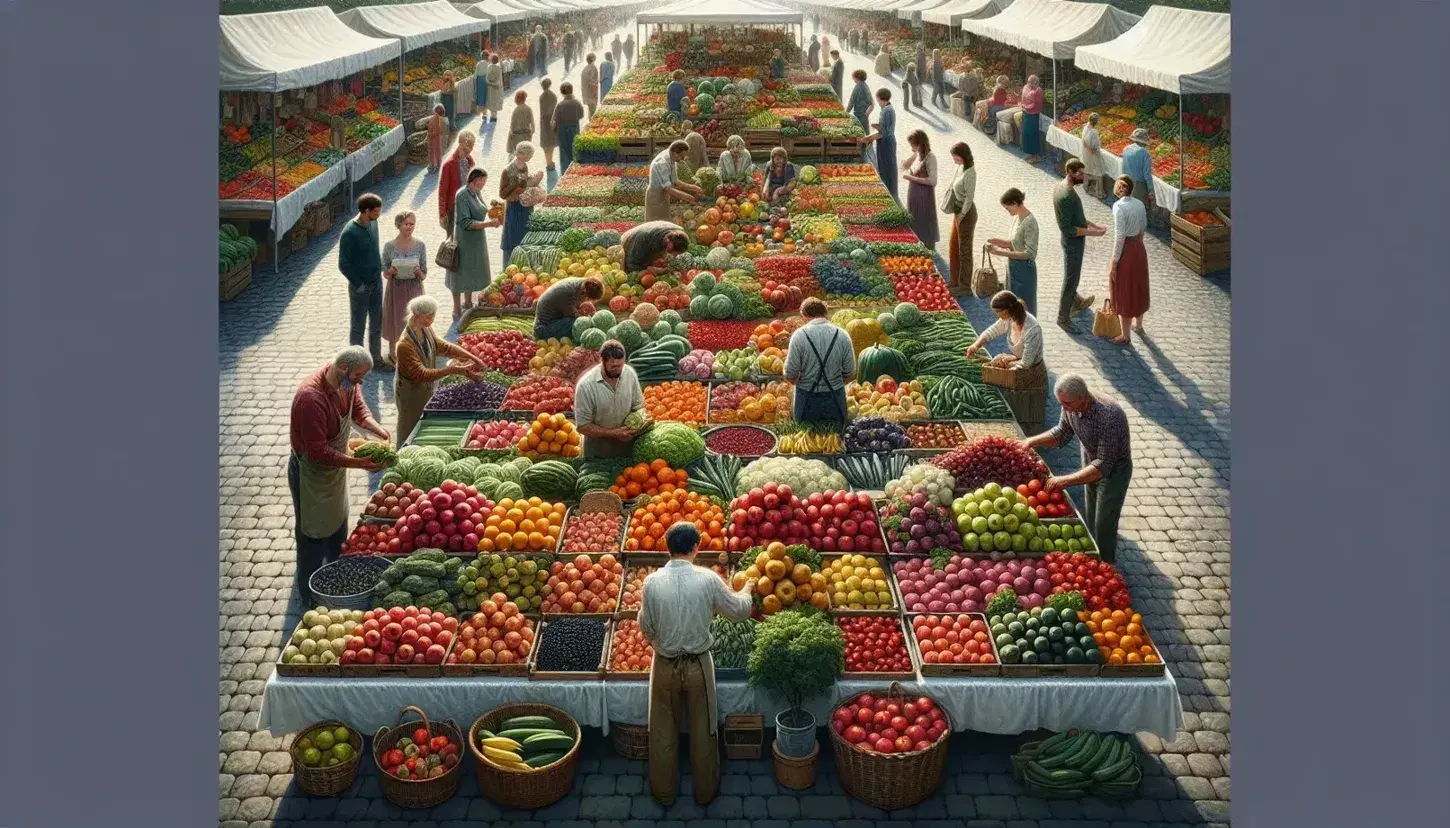 Open-air market with fresh fruit and vegetable stalls, various customers and sellers under a blue sky with scattered clouds.