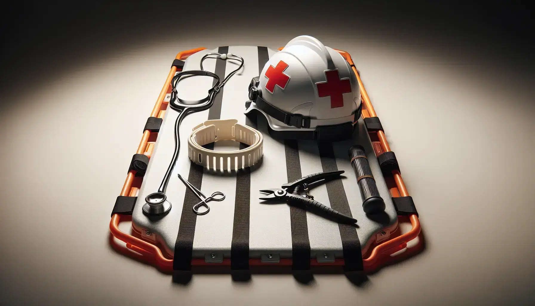 Equipo médico de emergencia con casco de paramédico blanco, collarín cervical, estetoscopio y tabla espinal naranja con tijeras de trauma.