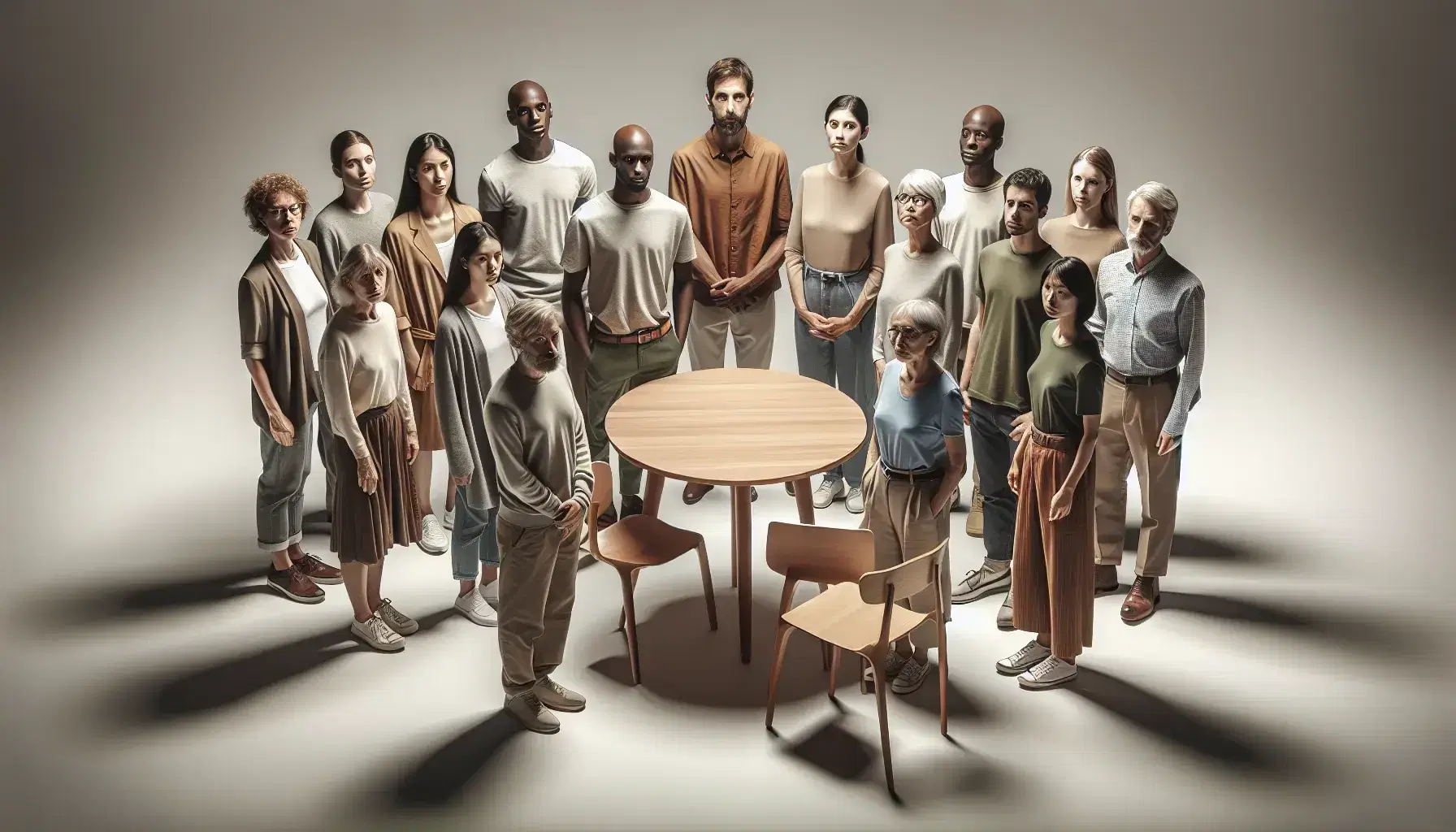 Diverse group of people in a semi-circle around a light wood table with empty chairs, symbolizing unity and dialogue, against a light grey background.