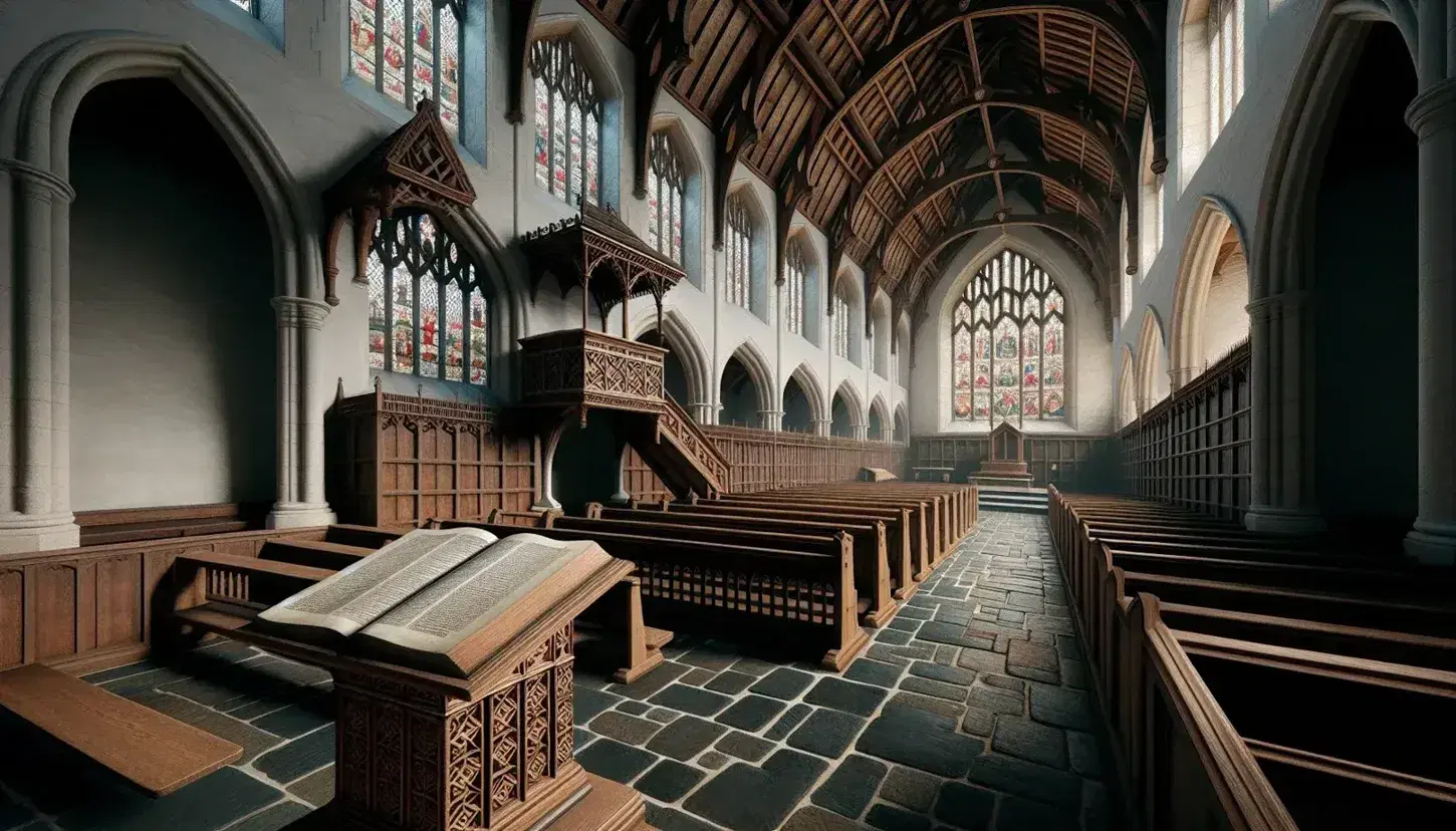 Elizabethan-era church interior with high vaulted ceilings, stained glass windows, wooden pulpit, and simple pews, reflecting Puritan simplicity.