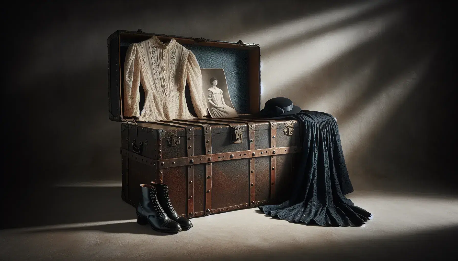 Vintage steamer trunk with 1910s women's attire and a photograph, against a muted gray background, evoking early 20th-century nostalgia.