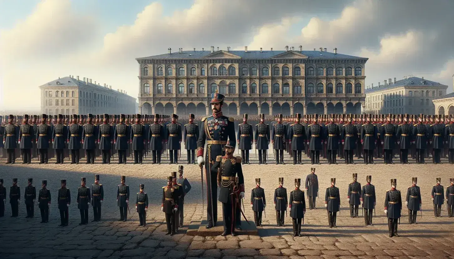 Grupo de personas en uniformes militares del siglo XIX en formación, con un oficial de alto rango al centro, frente a edificios clásicos bajo un cielo parcialmente nublado.
