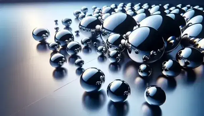 Sfere metalliche lucide di varie dimensioni sospese e riflettenti su superficie liscia con effetto di profondità e giochi di luce.