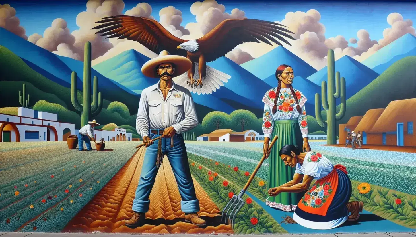 Mural vibrante con hombre de sombrero y mujer de vestido tradicional mexicano en paisaje rural, águila en nopal al centro.