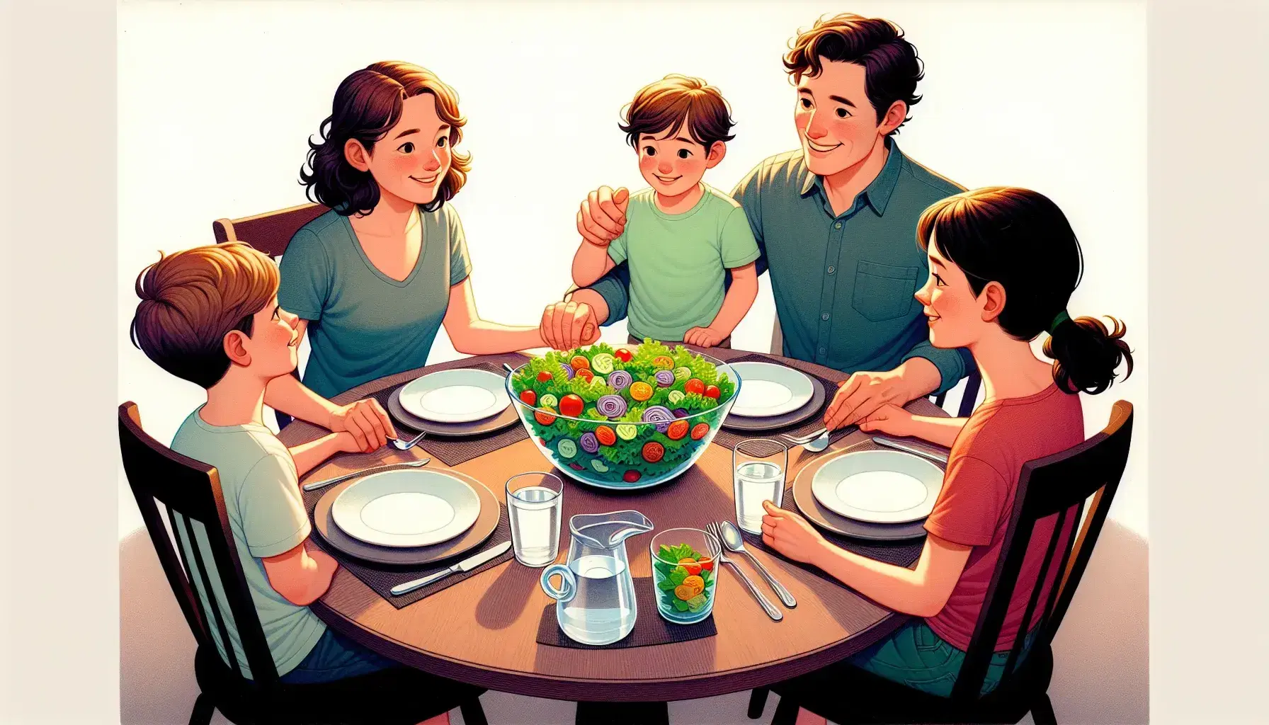 Family of four enjoying a healthy meal around a round table with a salad centerpiece, sharing water and smiles in a well-lit dining room.