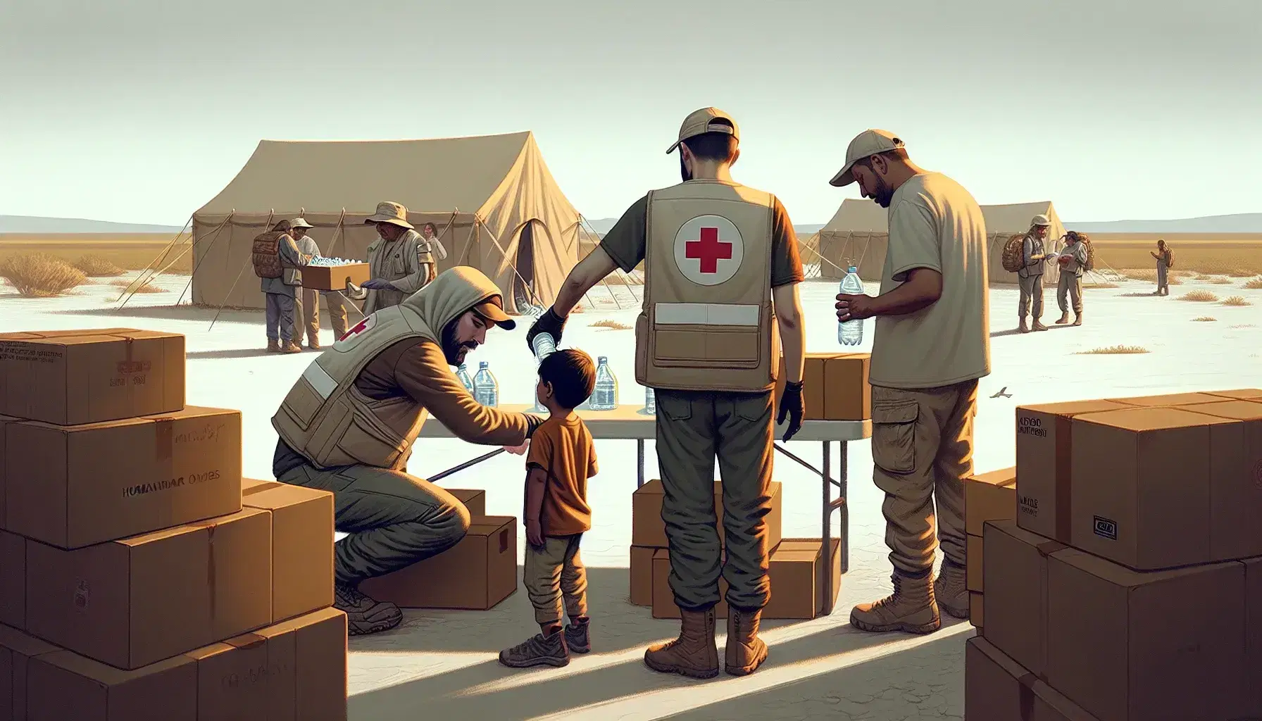 Humanitarian aid workers assist a child and distribute supplies in a field camp under a clear blue sky, with tents and organized relief efforts visible.