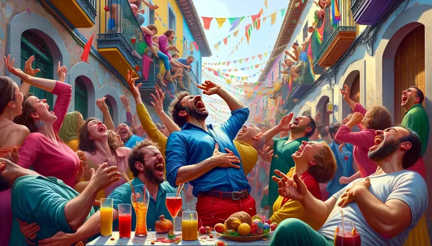 Vibrant street celebration in a Spanish town with joyful people clapping, laughing, and gesturing, under a sky with colorful flags and cobblestone paths.