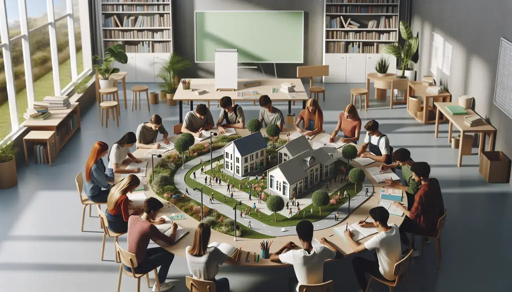 Estudiantes diversos colaborando en proyecto de diseño de parque comunitario con modelo en miniatura y materiales de dibujo en una sala iluminada naturalmente.