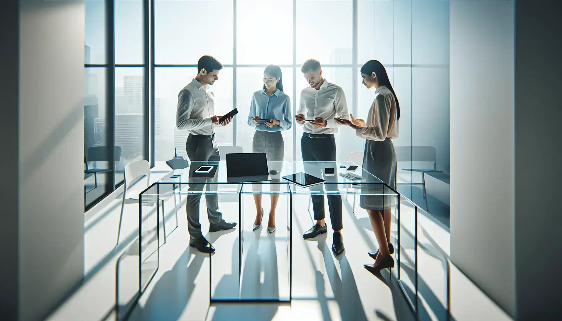 Tres profesionales conversan en una oficina moderna con mesa de vidrio, dispositivos electrónicos y ventana con vista a edificios.