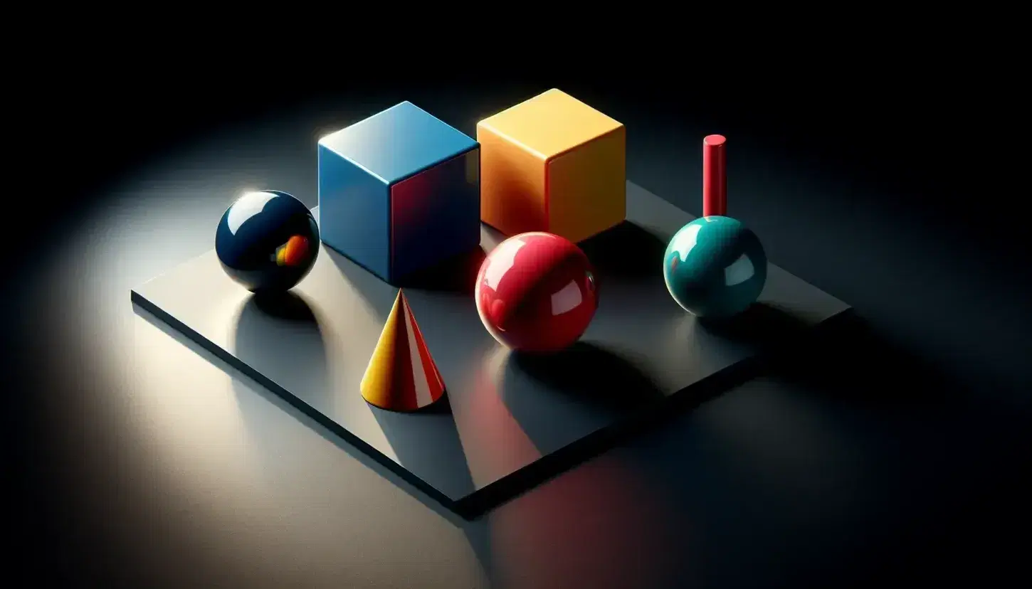 Figuras geométricas tridimensionales brillantes sobre pizarra negra, incluyendo un cubo azul, esfera roja, cono verde y cilindro amarillo con sombras proyectadas.