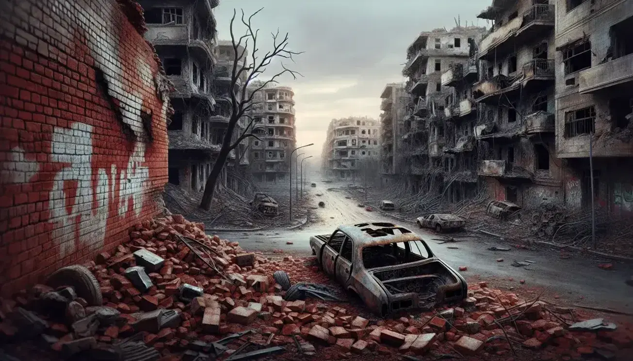 Conflict-ravaged cityscape, with destroyed brick wall in the foreground and burned vehicle on deserted road, bare trees and gray sky.