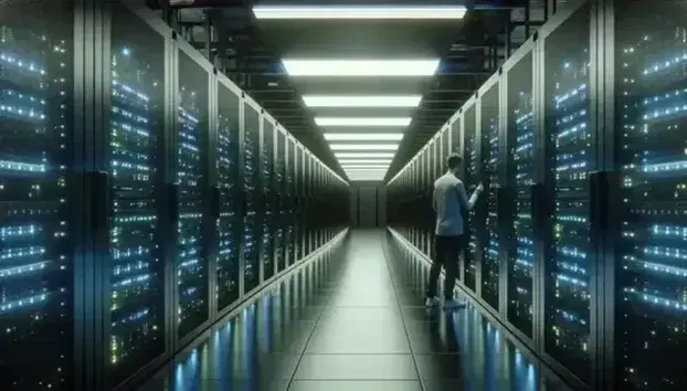 Sala de servidores con filas de racks negros iluminados por LEDs azules y verdes, técnico trabajando en el hardware en un pasillo central iluminado.