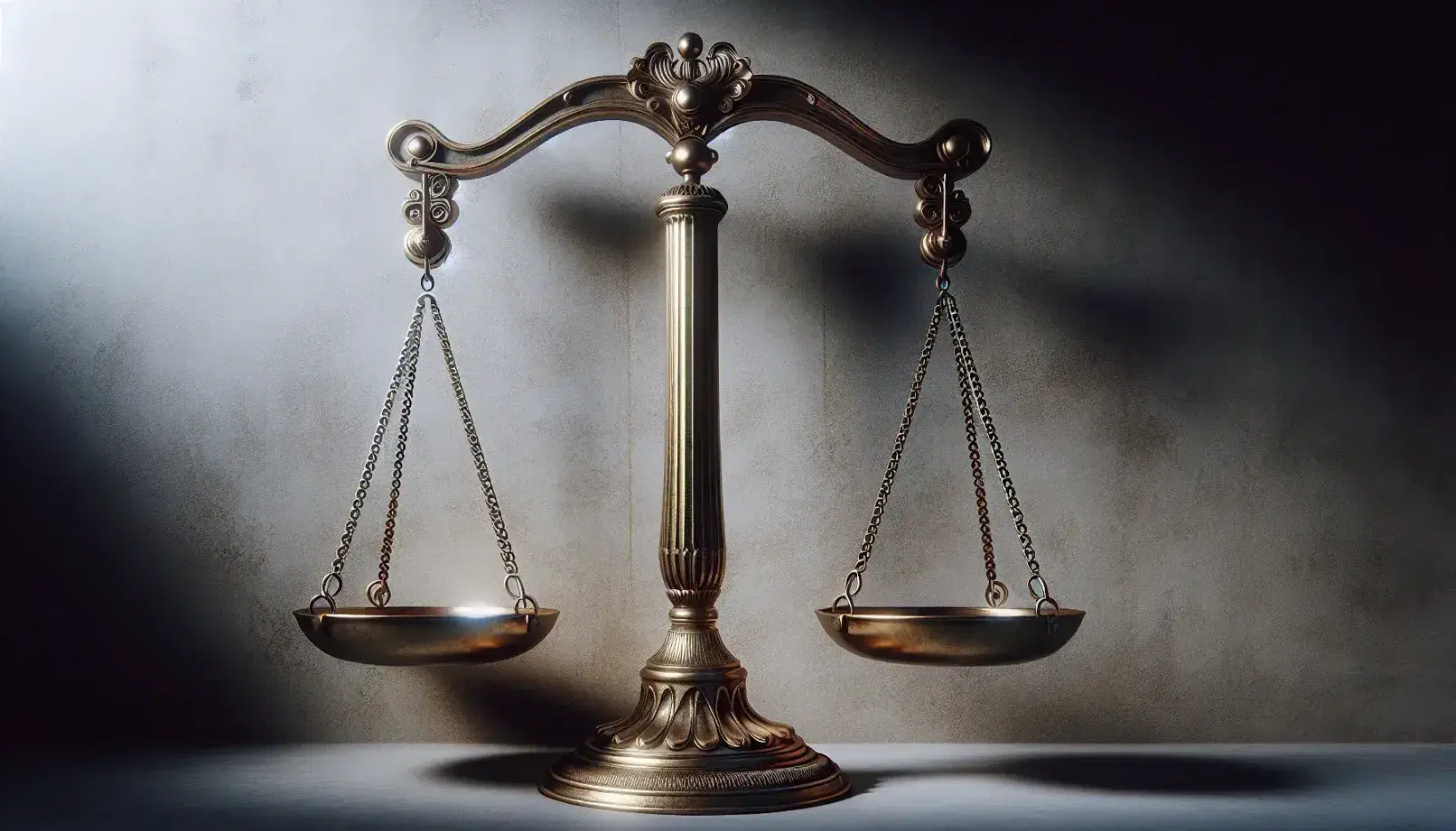 Balanza de justicia clásica equilibrada en metal brillante sobre fondo de pared de piedra gris, reflejando luz suave y generando sombras tenues.