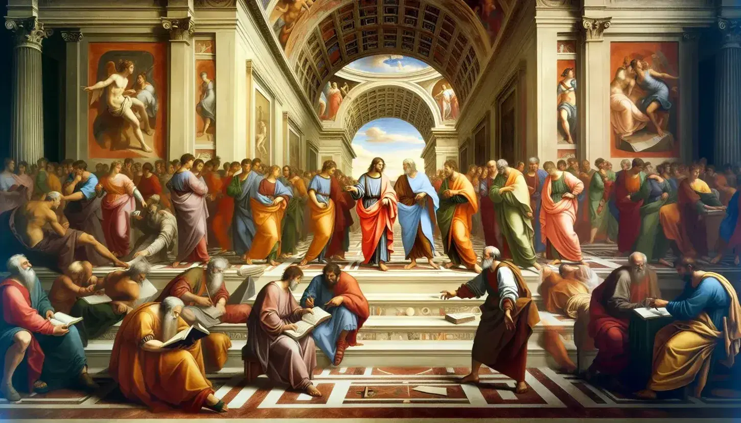 Raffaello, Scuola di Atene, con uomo in mantello rosso e blu e libro aperto, circondato da figure in dialogo e studio, architettura classica.