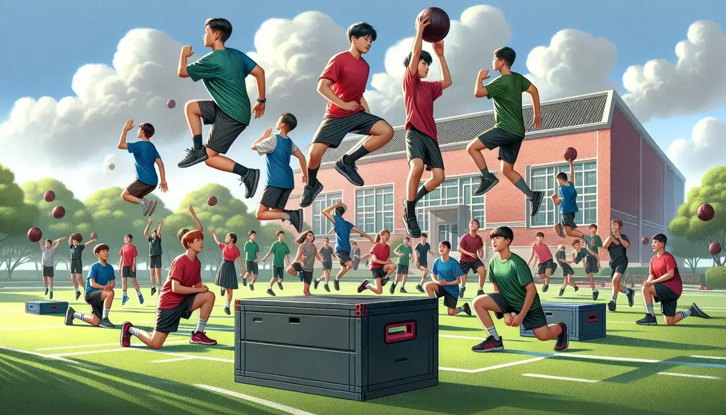 Estudiantes diversos en ropa deportiva realizan ejercicios al aire libre en un campo verde, saltando cajas y lanzando balones medicinales bajo un cielo azul.