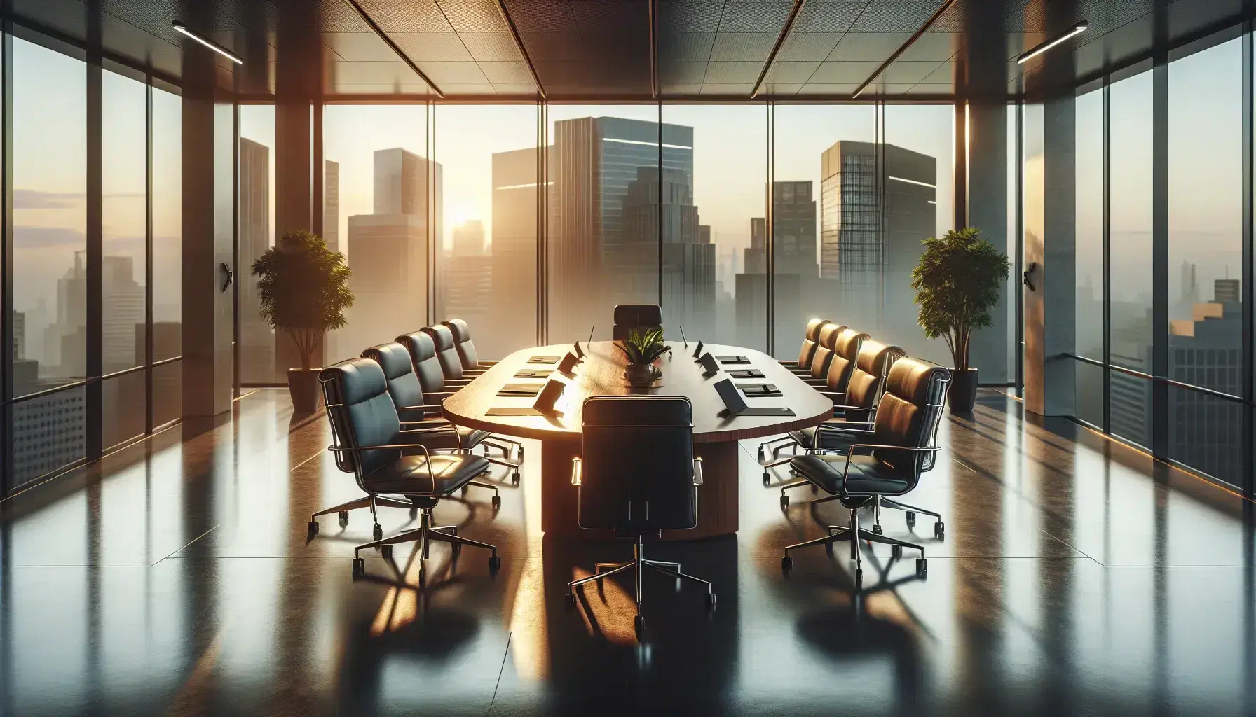 Modern boardroom with oval wooden table, black leather chairs, high-tech gadgets, and a city skyline view through a large window at sunset.