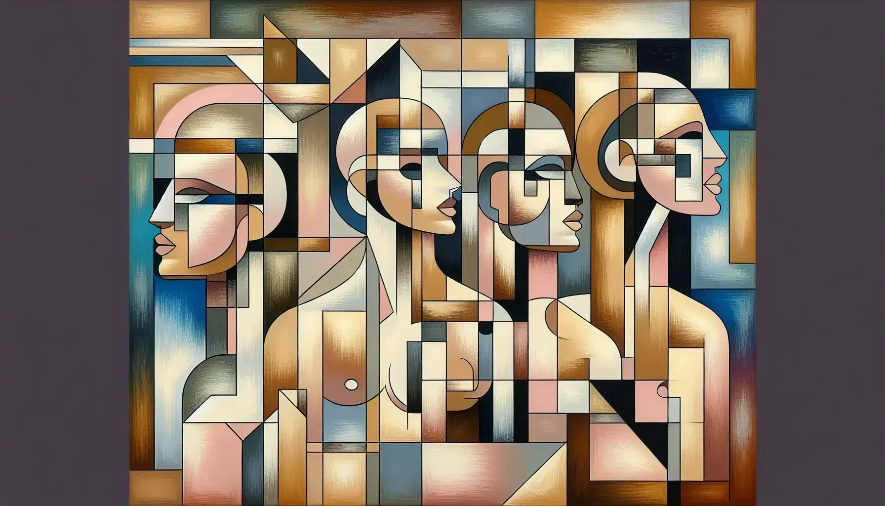 Dipinto astratto modernista inizio '900 con cinque figure femminili stilizzate in forme geometriche e colori pastello su sfondo pattern geometrico.