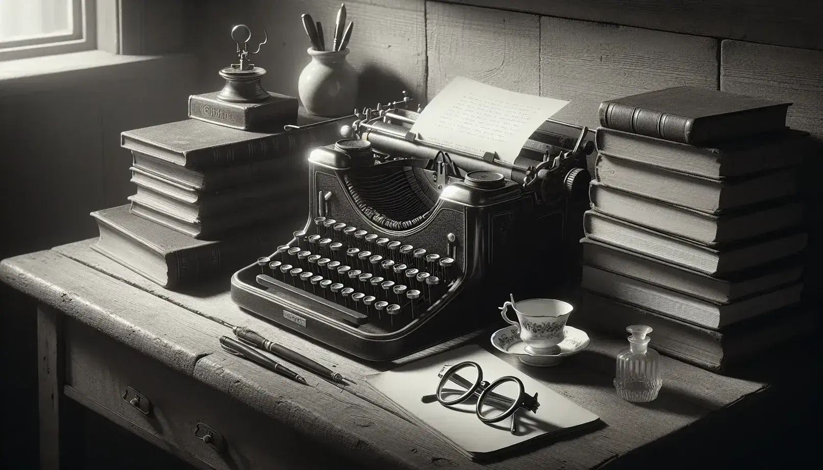 Vintage mid-20th-century typewriter on an aged wooden desk with round keys, wire-framed glasses, a cup of fountain pens, an inkwell, and a blurred stack of books in the background.