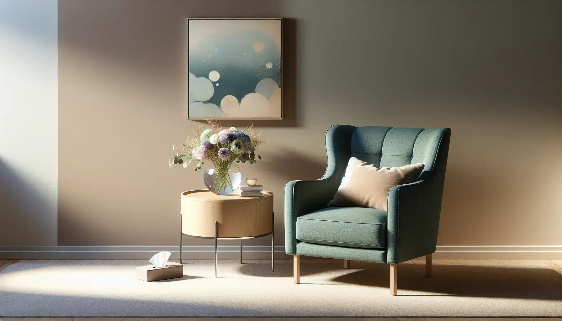 Therapeutic office with comfortable teal armchair, coffee table with fresh flowers, modern floor lamp and black leather office chair.