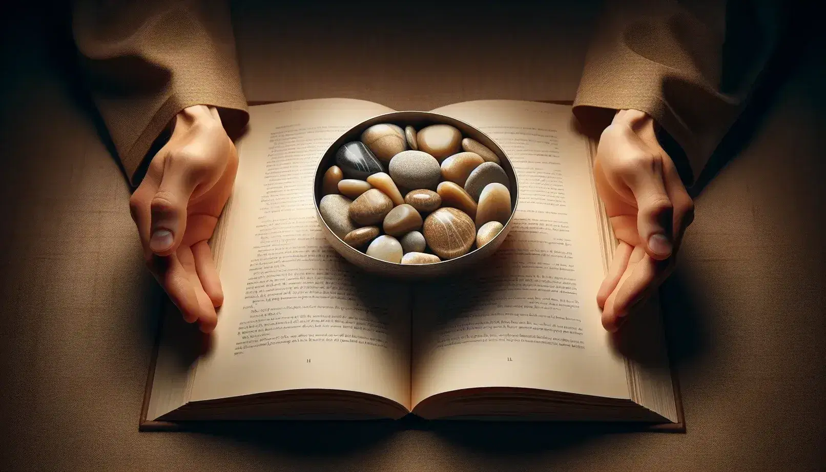 Hands holding an open book with crisp pages, a stainless steel bowl with smooth pebbles rests on the right page, soft lighting enhances textures.