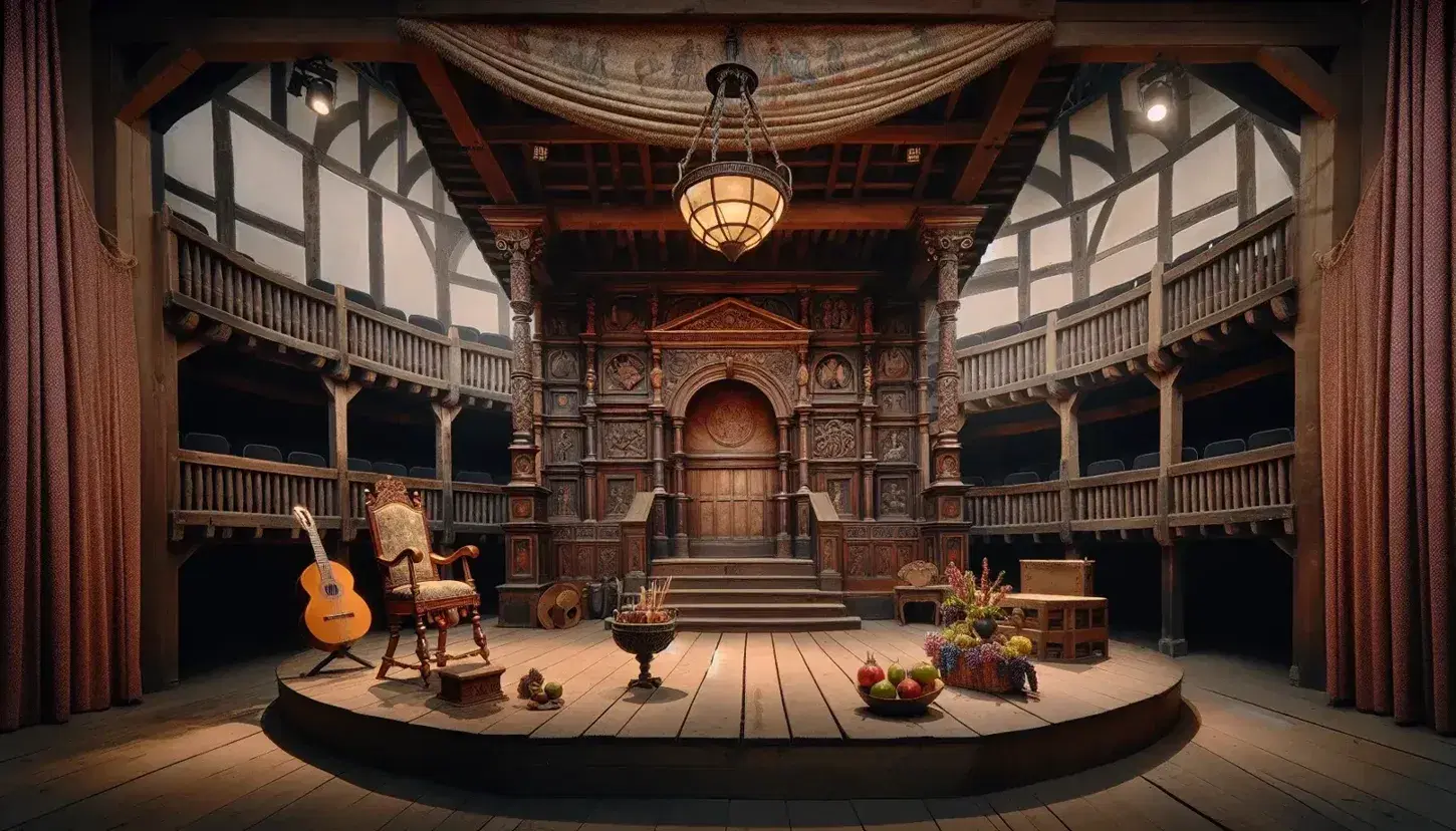 Elizabethan style theater scene with carved throne, crossed swords, lute, basket of fake fruit and red velvet curtain.