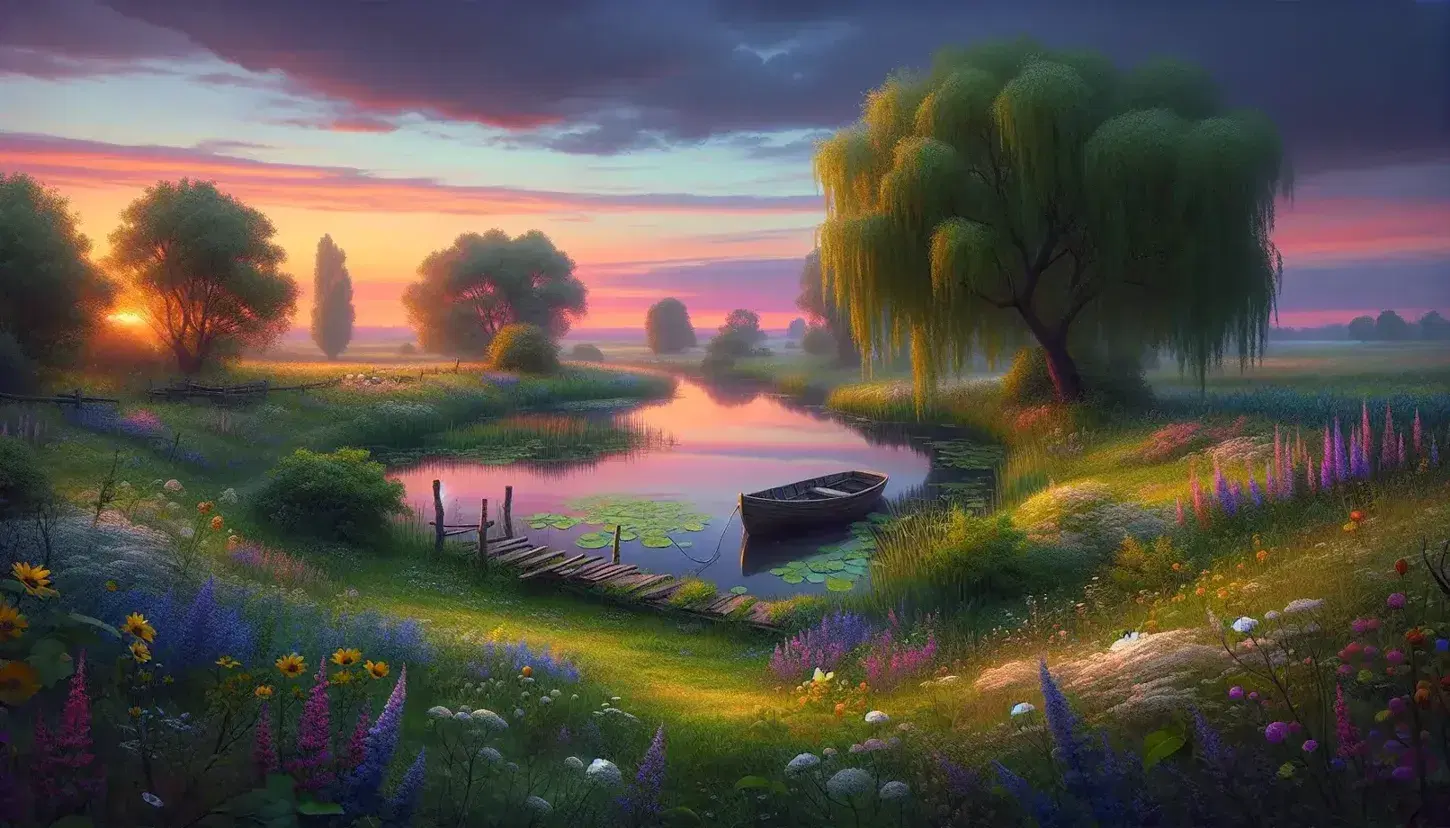 Twilight descends on a pastoral landscape with wildflowers, a reflective pond, a docked wooden boat, willow trees, and a vibrant sunset sky.