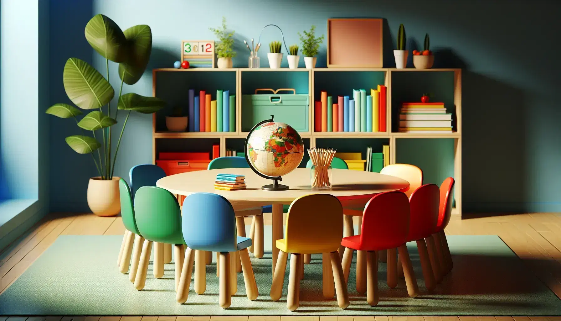 Brightly colored children's classroom with a semi-circle of chairs, a round table with a globe and notebooks, a plant-filled bookshelf, and abstract art.