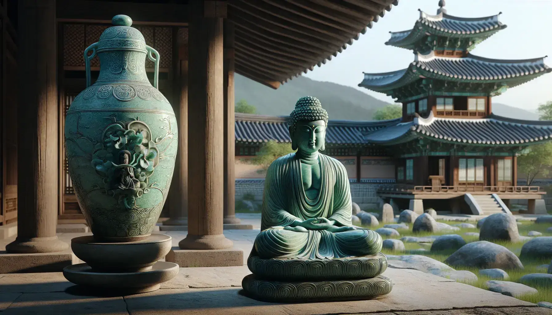 Goryeo Dynasty celadon vase with inlaid designs, weathered stone Buddha statue in meditation, and traditional Korean wooden architecture amidst lush greenery.