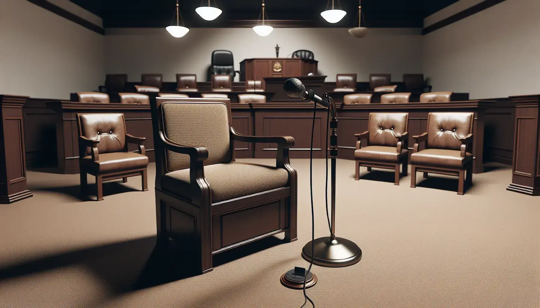 Sala de tribunal vacía con silla de testigo de madera oscura y cojín beige, micrófono de pie y estrado de juez sin ocupar, bancada de jurado con doce asientos.