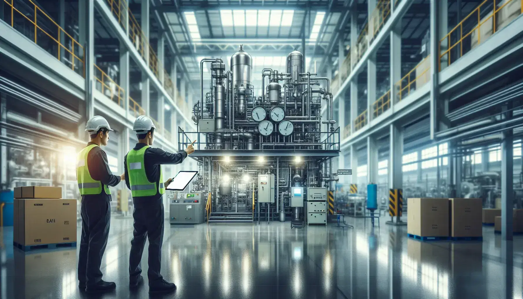 Dos trabajadores con cascos y chalecos reflectantes consultan una tableta electrónica frente a una máquina industrial con tuberías y medidores, en una planta iluminada con estantes de cajas al fondo.