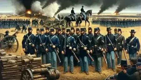 Mid-19th century American Civil War battlefield scene with Union soldiers lined up, an officer on horseback, artillery in action, and combat in the background.