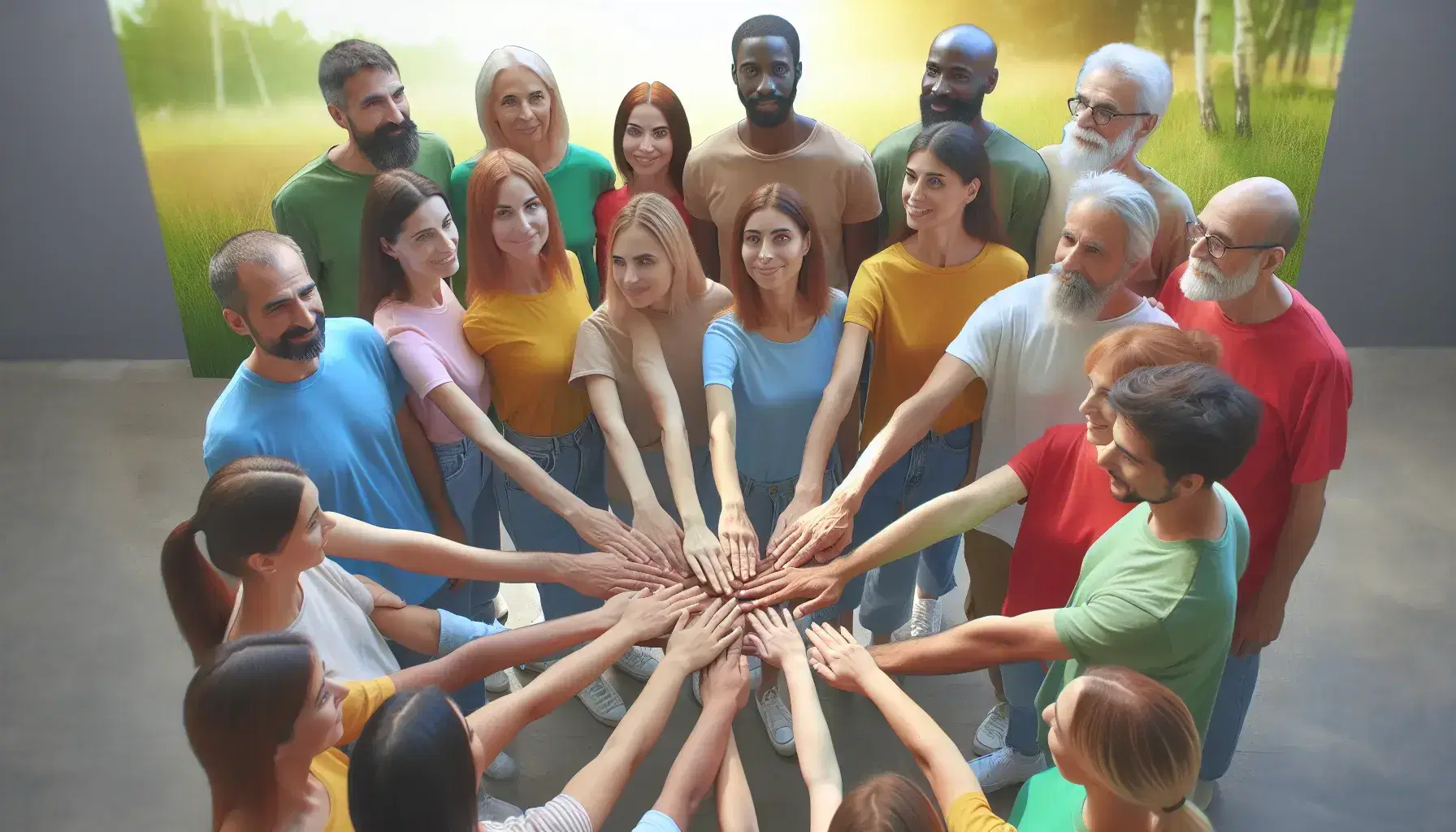 Grupo diverso de personas sonriendo en un parque con las manos unidas en señal de unidad, rodeados de árboles y cielo azul.