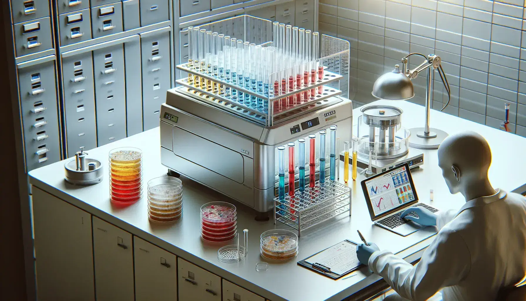Laboratorio di ricerca clinica con provette colorate su supporto, centrifuga aperta, piastre di Petri e ricercatore al lavoro.