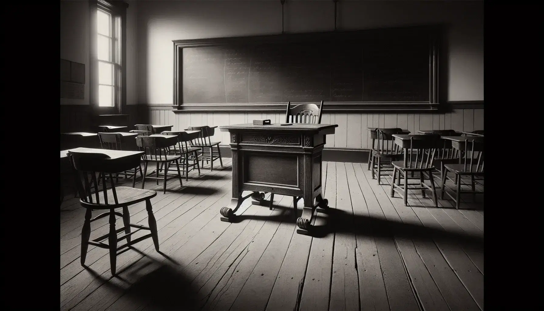 Vintage early 20th-century classroom with wooden desks and chairs facing a blank blackboard, soft lighting casting gentle shadows on worn wooden floors.