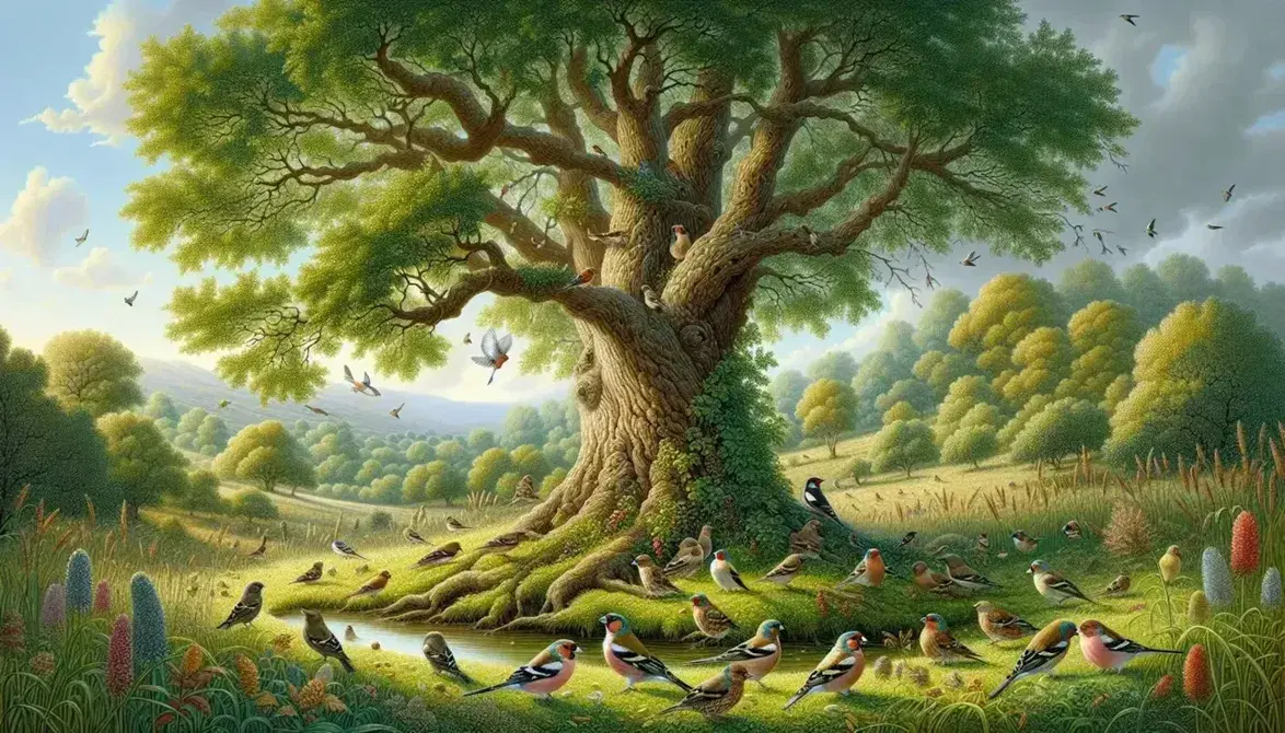 Albero maestoso con foglie verdi, fringuelli colorati al suolo, colline ondulate sullo sfondo e ruscello serpeggiante.